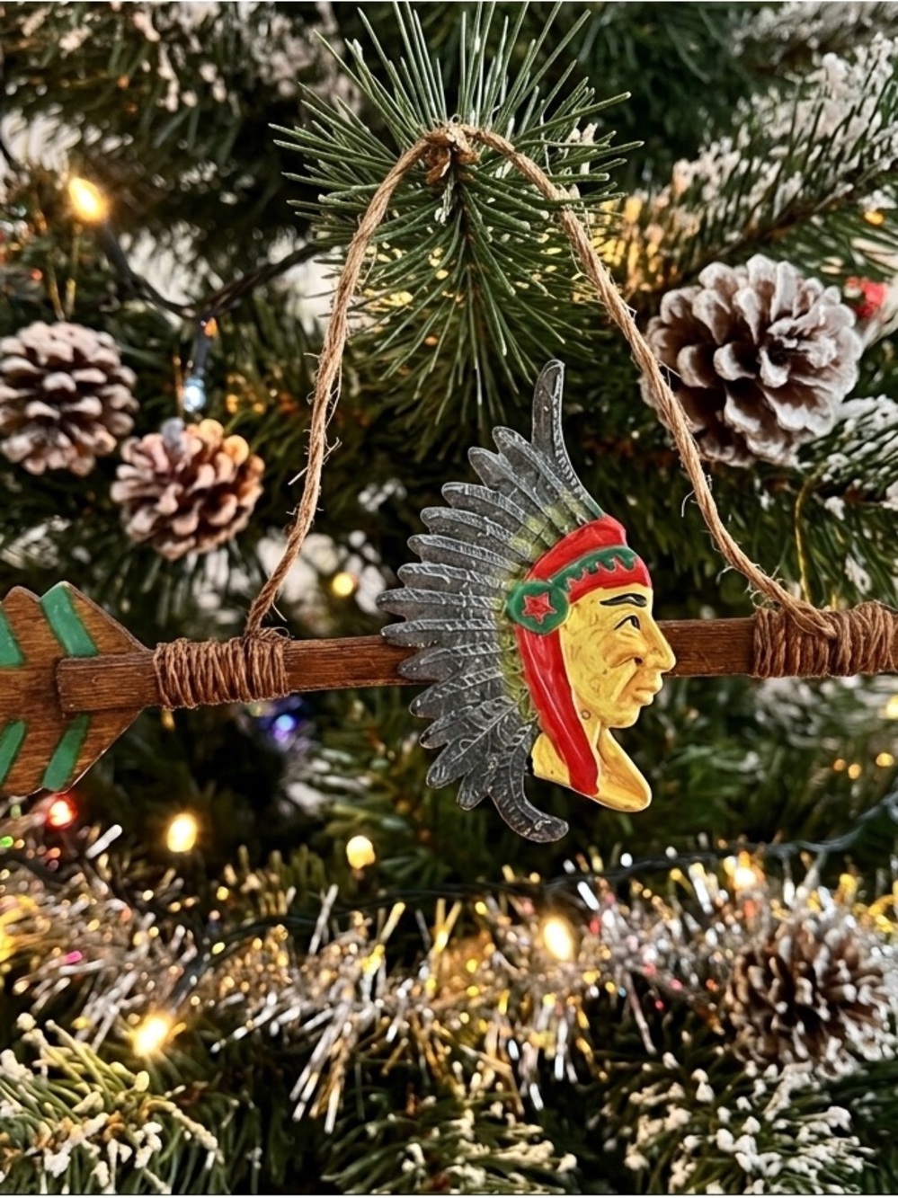 Native American Metal Chief Head Primitive Arrow Christmas Ornament Decoration